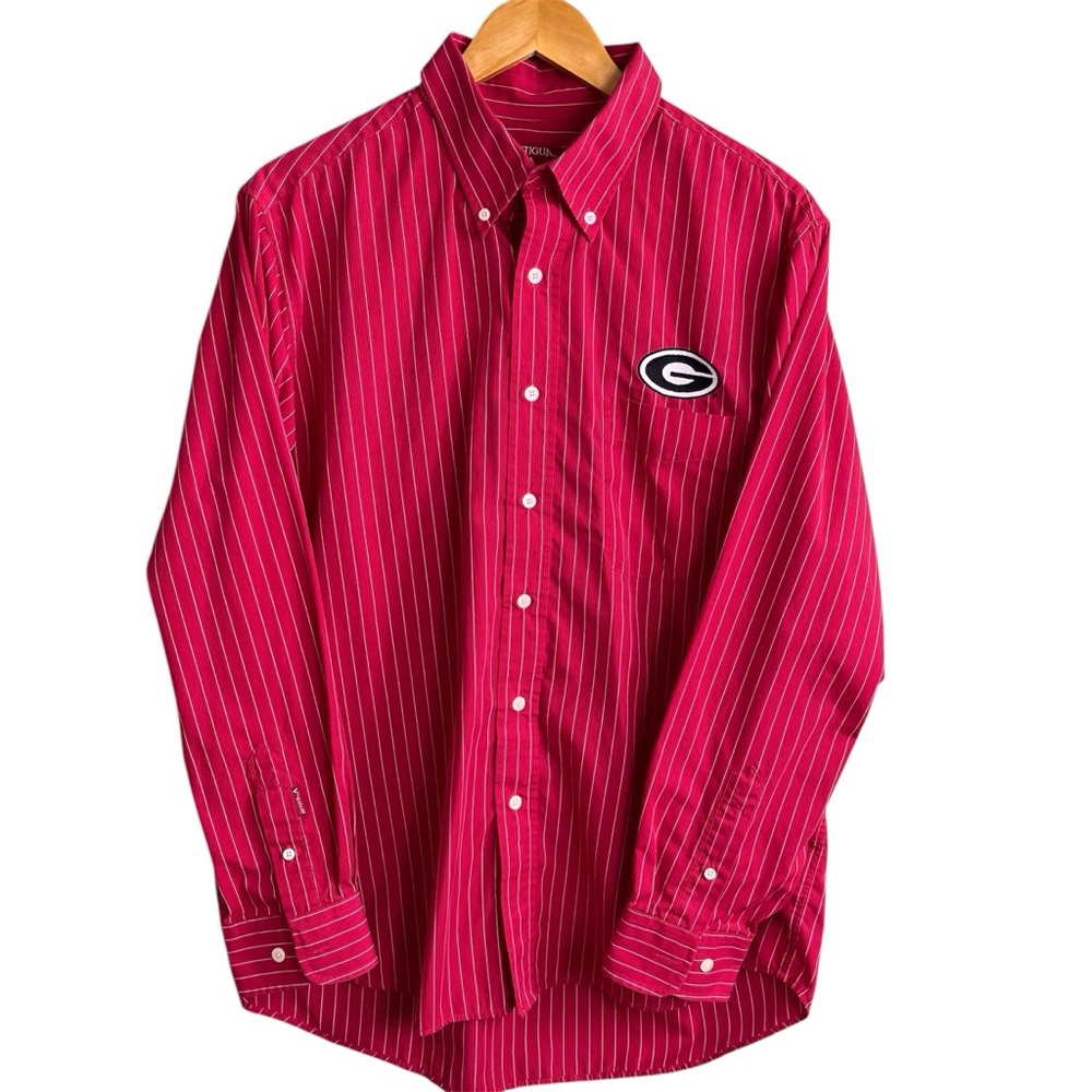 Antigua | Georgia Bulldog | Red Casual Button Down Long Sleeve Pinstripe Shirt